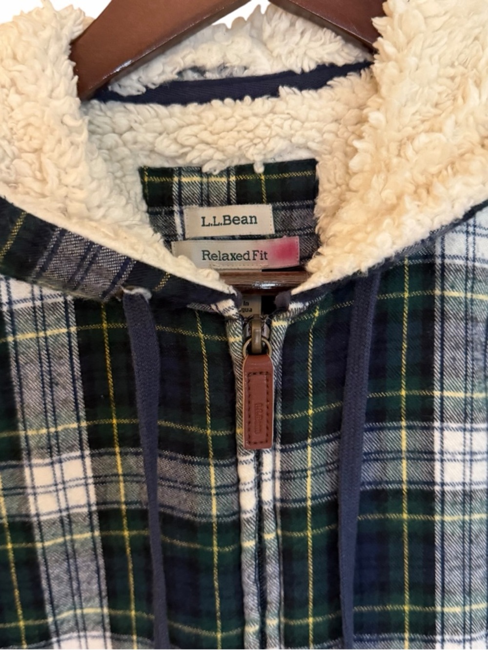 L.L.Bean Plaid Sherpa Hoodie Jacket Small Cozy Flannel Zip Green Blue - Picture 5 of 12